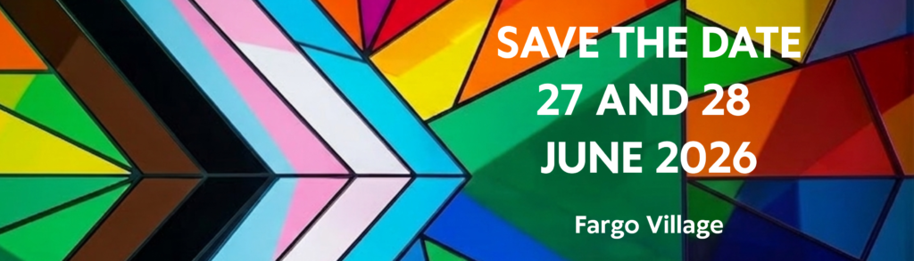 a stained glass style pride progress flag header image with save the date for 27 and 28 June 2026 for Coventry Pride